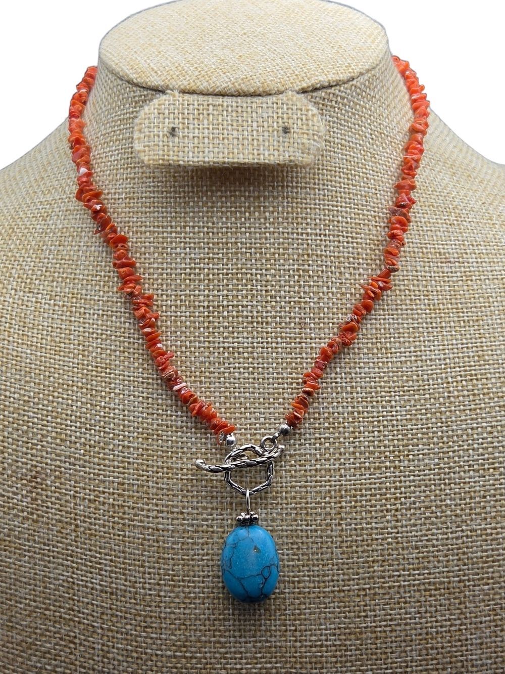 Sterling Silver Red Coral Chip Necklace Turquoise Pendant 17"